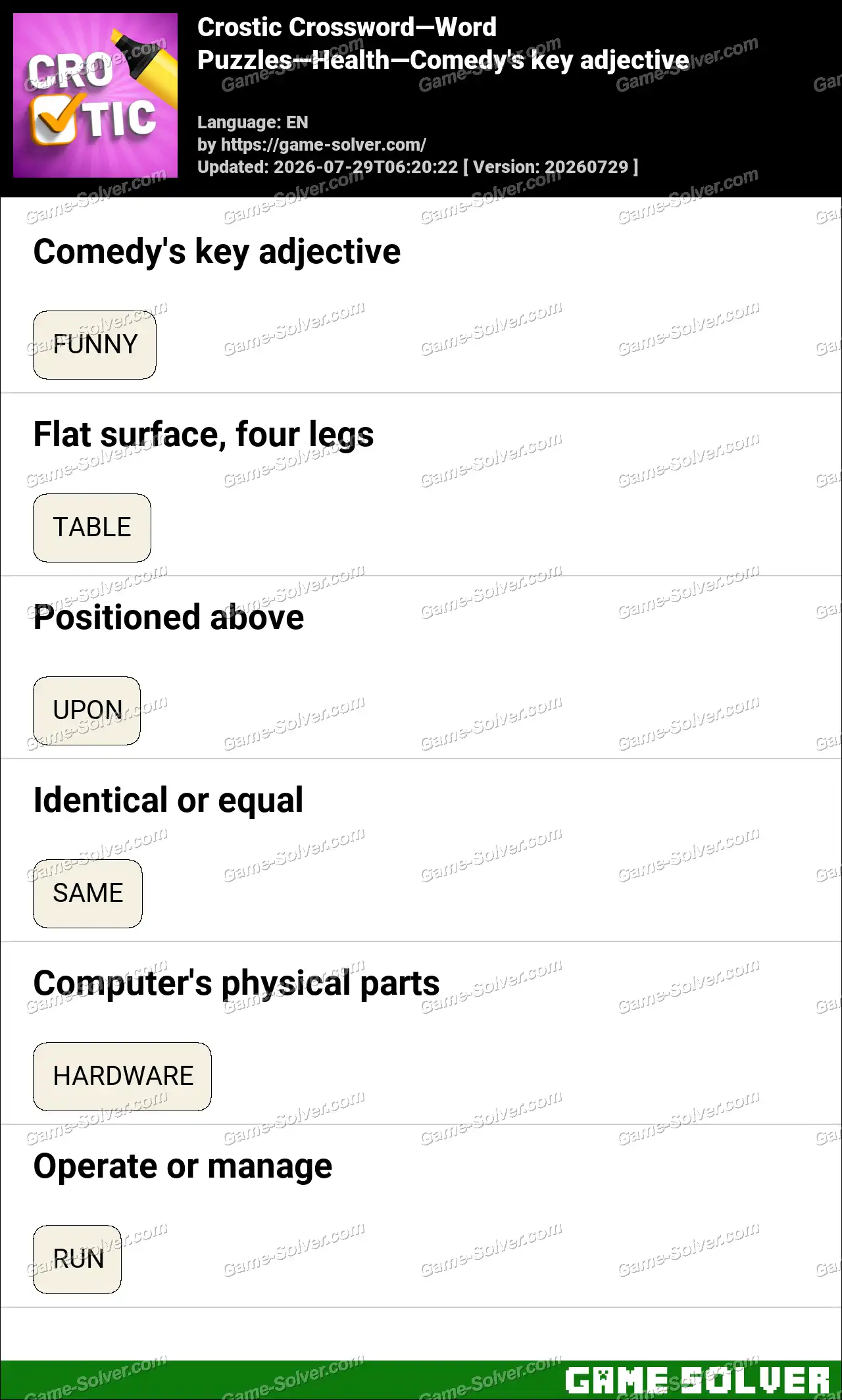 Crostic Crossword-Word Puzzles-Health-Comedy’s key adjective